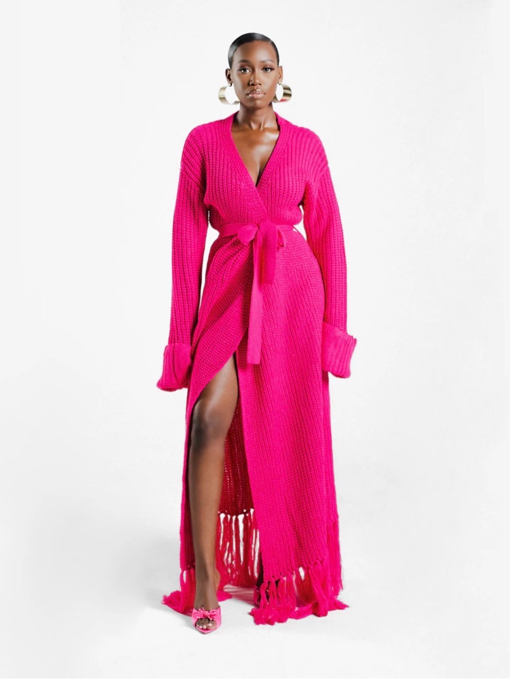 Hanifa Hot Pink Long Sleeve Knit Maxi Dress with Fringe